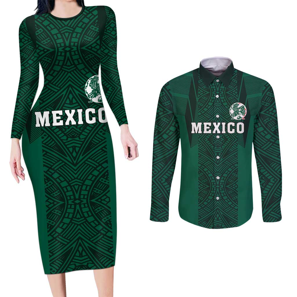 Custom Mexico Football Couples Matching Long Sleeve Bodycon Dress and Long Sleeve Button Shirt El Tricolor Go Champions Aztec Pattern