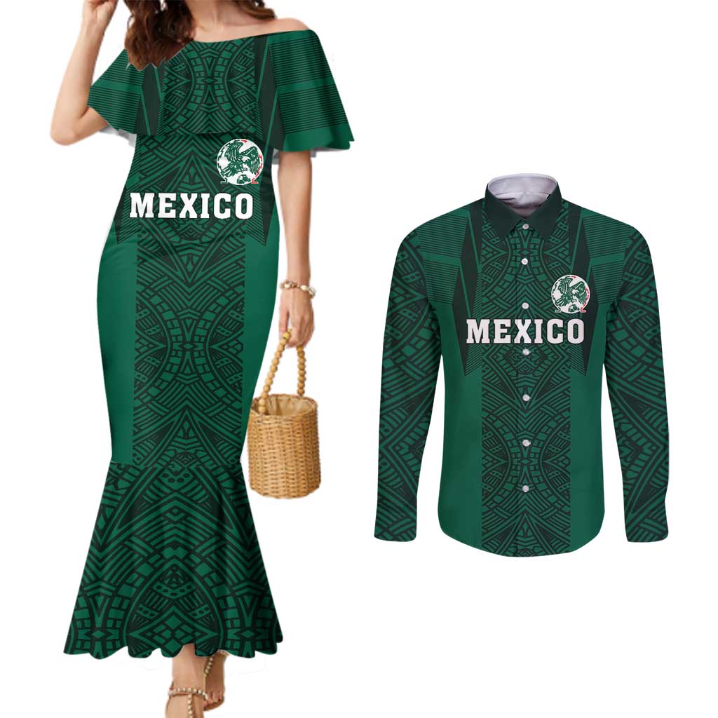 Custom Mexico Football Couples Matching Mermaid Dress and Long Sleeve Button Shirt El Tricolor Go Champions Aztec Pattern