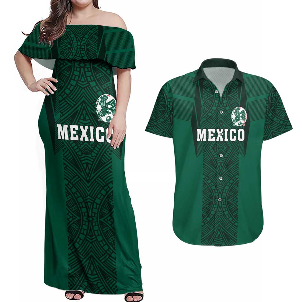 Custom Mexico Football Couples Matching Off Shoulder Maxi Dress and Hawaiian Shirt El Tricolor Go Champions Aztec Pattern