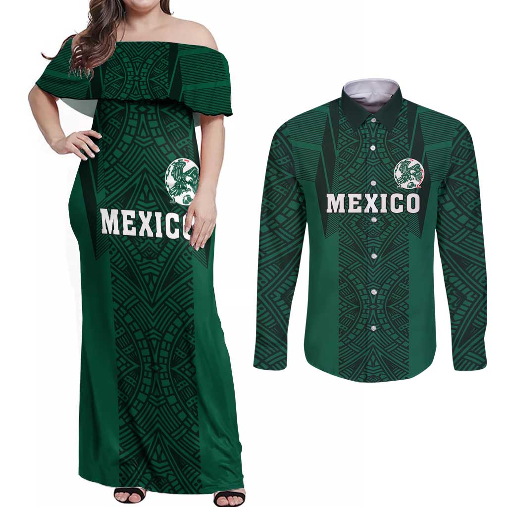 Custom Mexico Football Couples Matching Off Shoulder Maxi Dress and Long Sleeve Button Shirt El Tricolor Go Champions Aztec Pattern