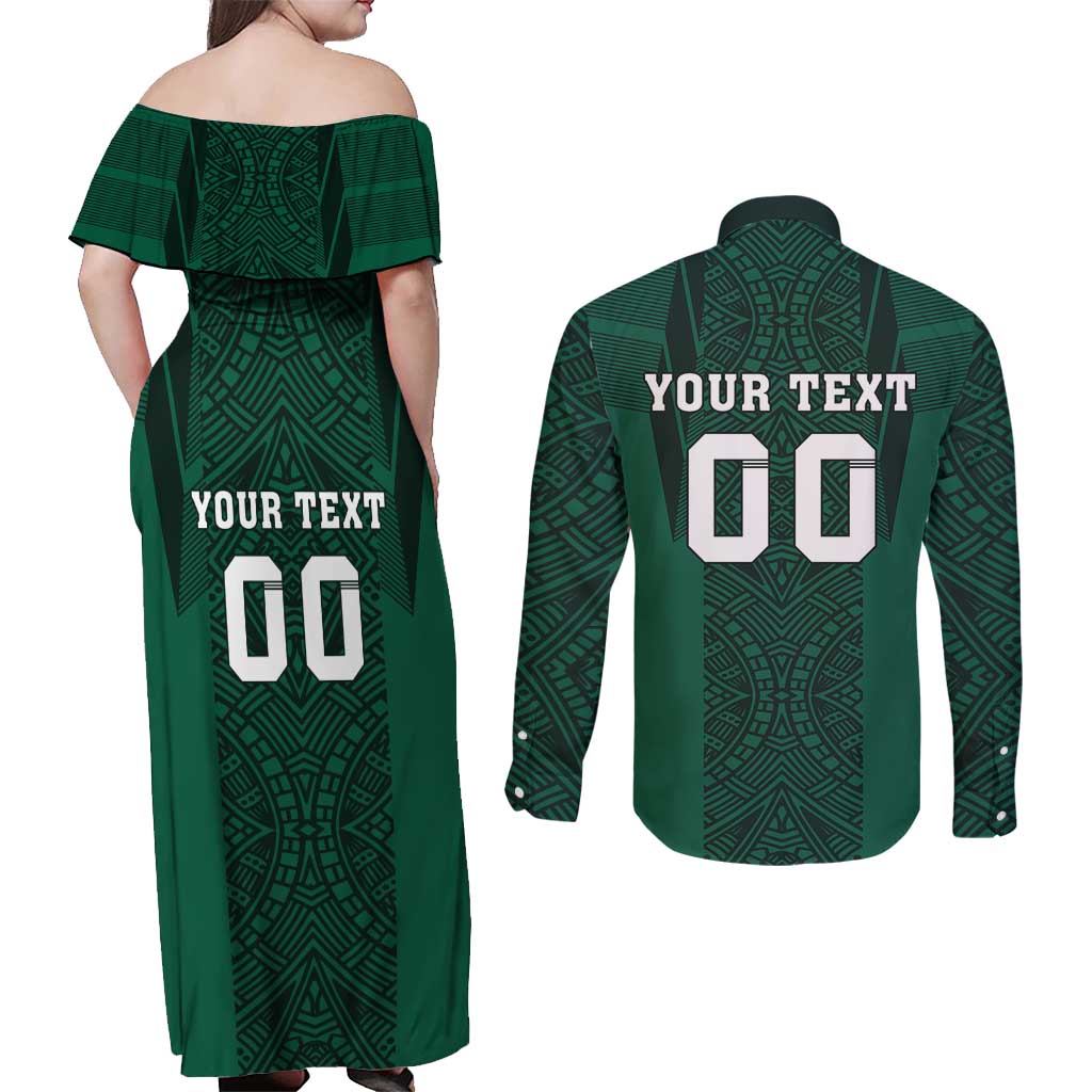 Custom Mexico Football Couples Matching Off Shoulder Maxi Dress and Long Sleeve Button Shirt El Tricolor Go Champions Aztec Pattern