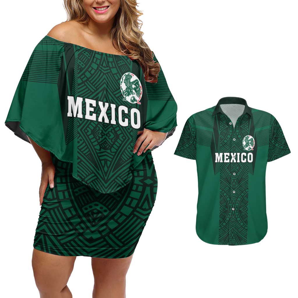 Custom Mexico Football Couples Matching Off Shoulder Short Dress and Hawaiian Shirt El Tricolor Go Champions Aztec Pattern