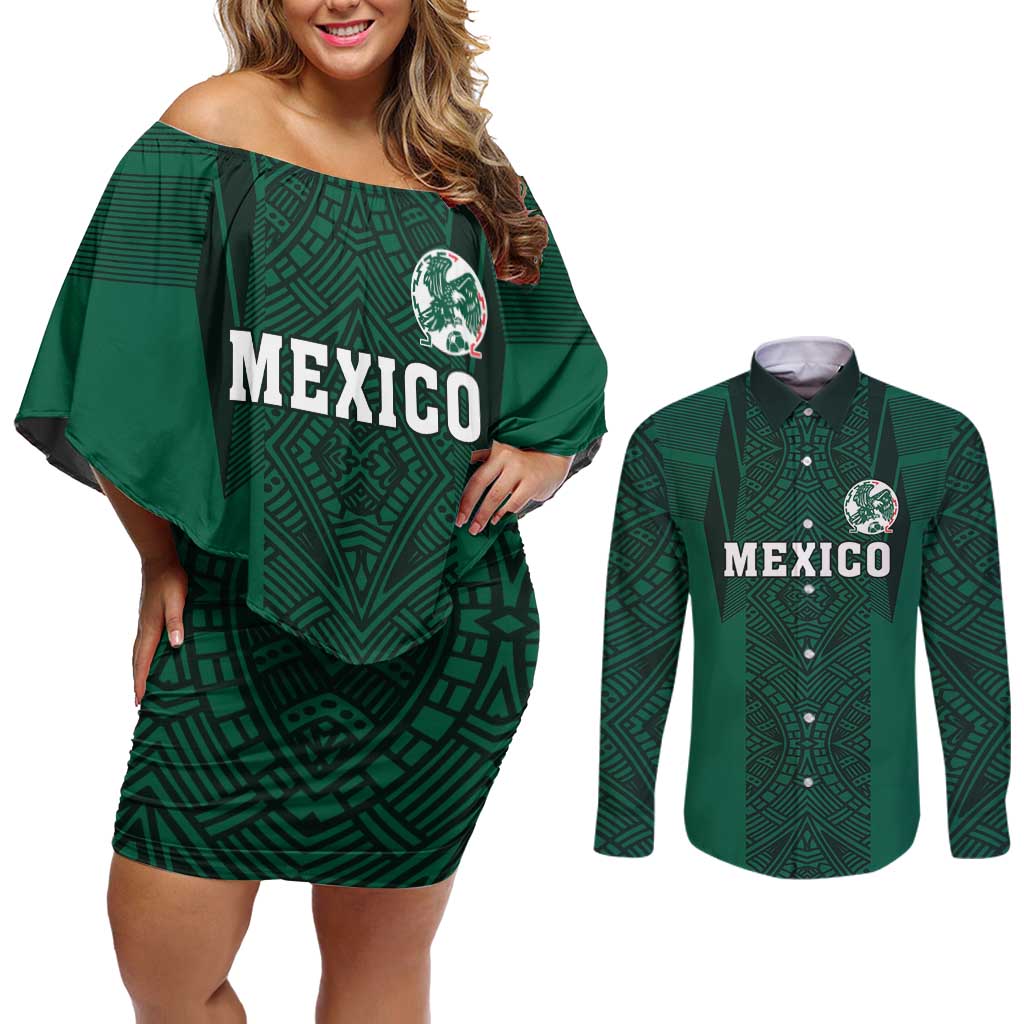 Custom Mexico Football Couples Matching Off Shoulder Short Dress and Long Sleeve Button Shirt El Tricolor Go Champions Aztec Pattern