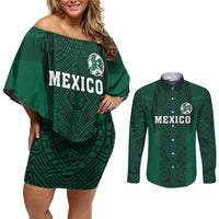 Custom Mexico Football Couples Matching Off Shoulder Short Dress and Long Sleeve Button Shirt El Tricolor Go Champions Aztec Pattern