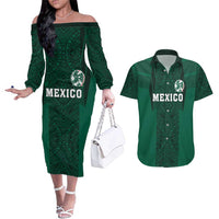 Custom Mexico Football Couples Matching Off The Shoulder Long Sleeve Dress and Hawaiian Shirt El Tricolor Go Champions Aztec Pattern