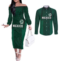Custom Mexico Football Couples Matching Off The Shoulder Long Sleeve Dress and Long Sleeve Button Shirt El Tricolor Go Champions Aztec Pattern