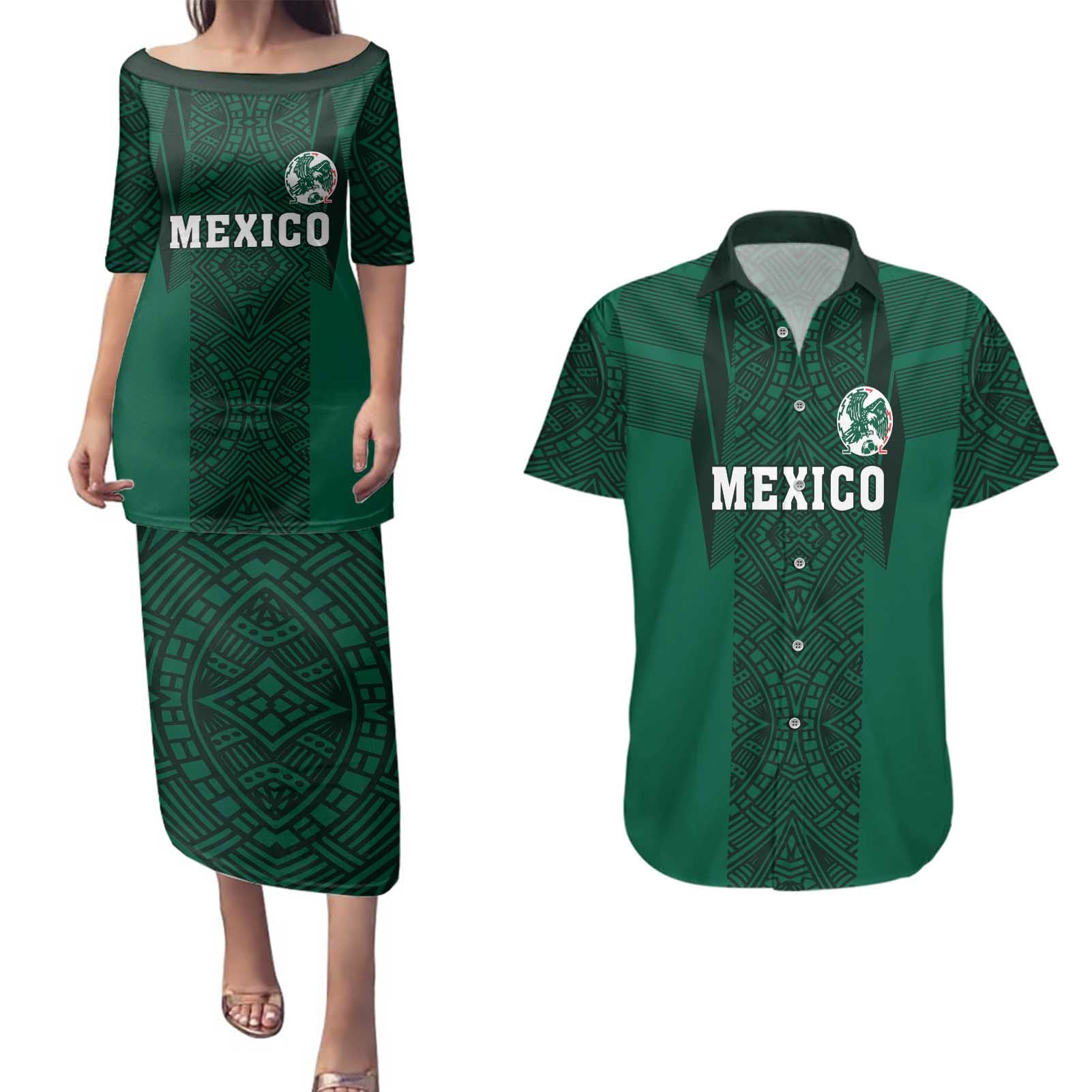 Custom Mexico Football Couples Matching Puletasi and Hawaiian Shirt El Tricolor Go Champions Aztec Pattern