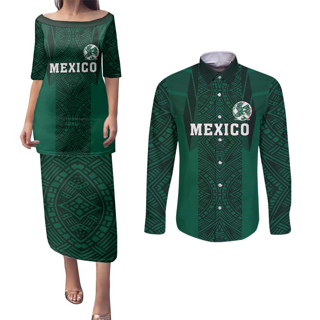 Custom Mexico Football Couples Matching Puletasi and Long Sleeve Button Shirt El Tricolor Go Champions Aztec Pattern