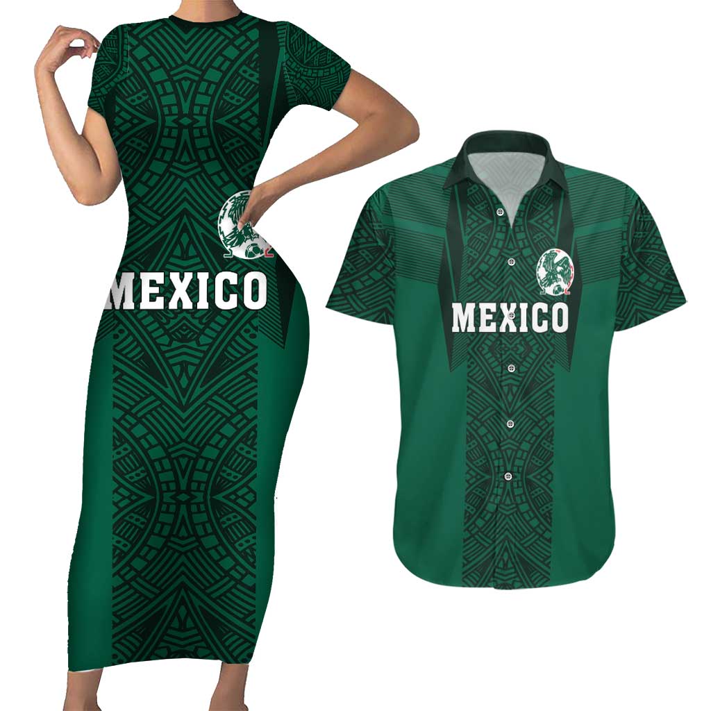 Custom Mexico Football Couples Matching Short Sleeve Bodycon Dress and Hawaiian Shirt El Tricolor Go Champions Aztec Pattern