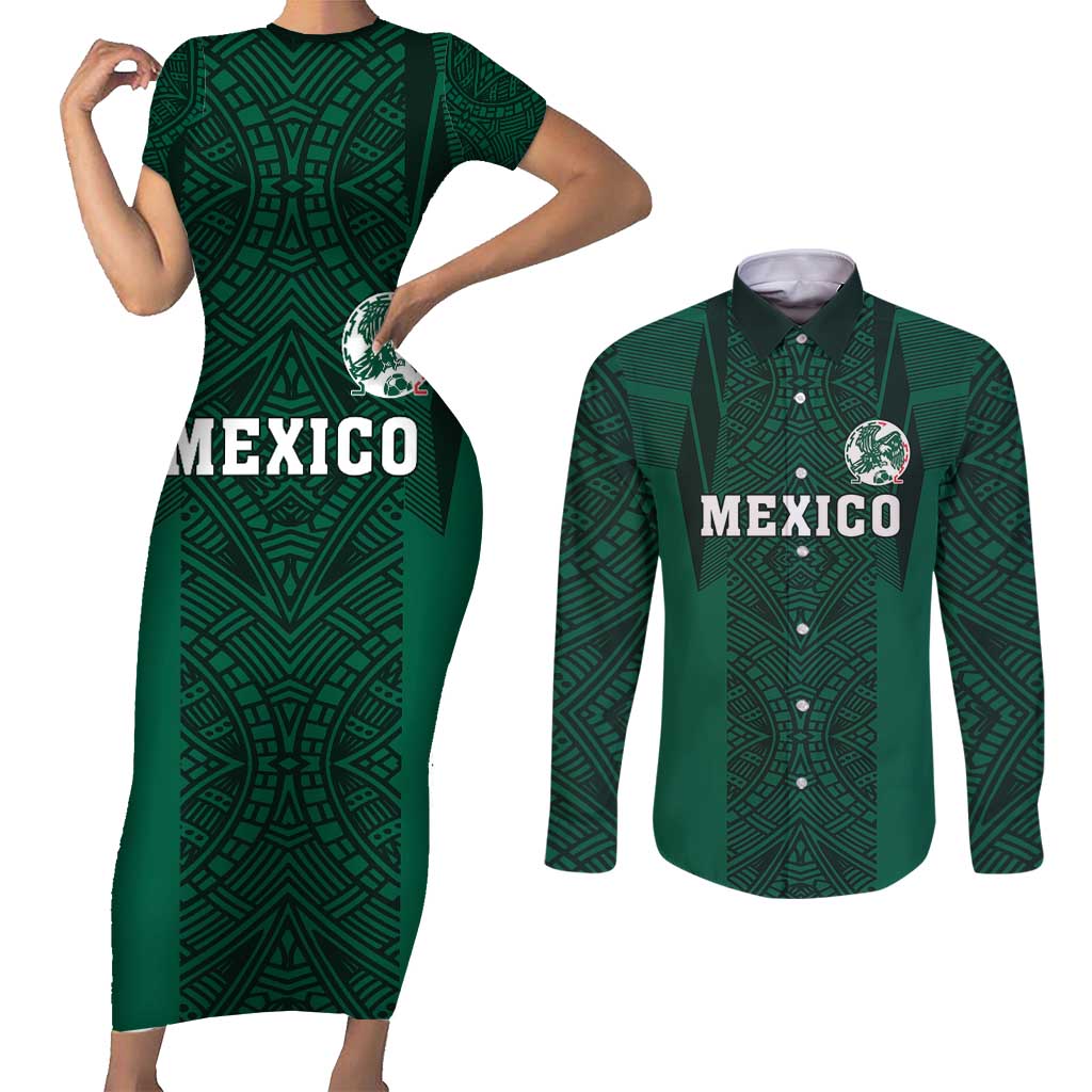 Custom Mexico Football Couples Matching Short Sleeve Bodycon Dress and Long Sleeve Button Shirt El Tricolor Go Champions Aztec Pattern
