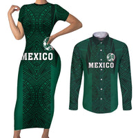 Custom Mexico Football Couples Matching Short Sleeve Bodycon Dress and Long Sleeve Button Shirt El Tricolor Go Champions Aztec Pattern