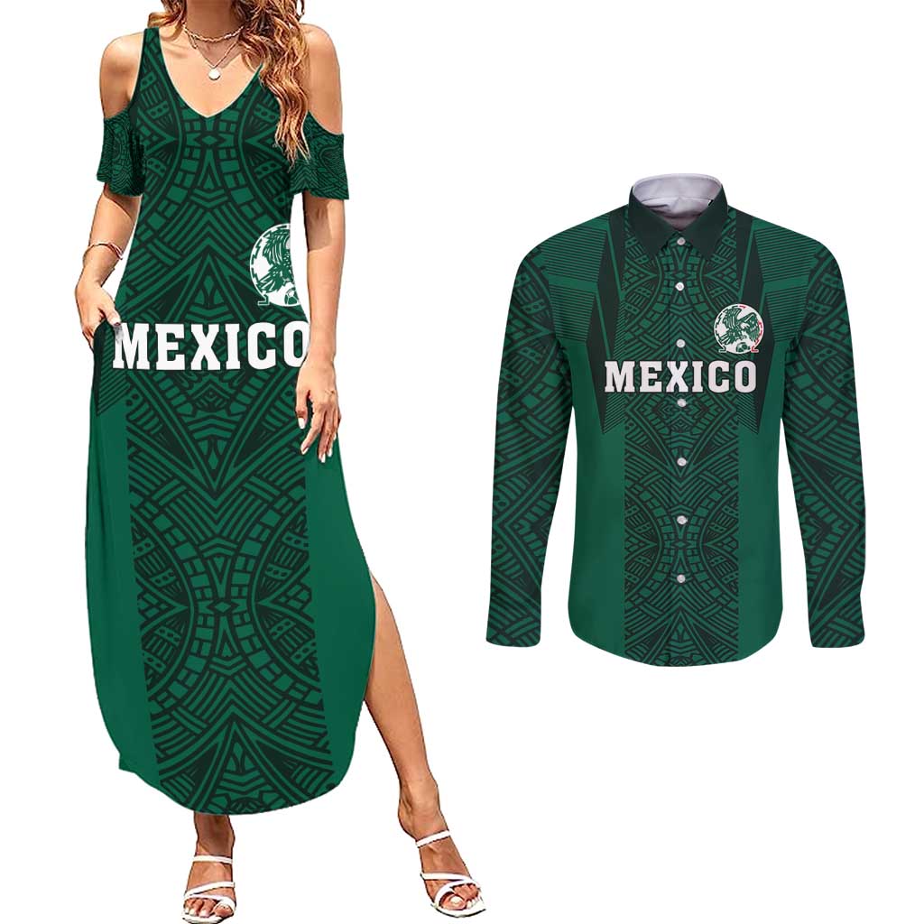 Custom Mexico Football Couples Matching Summer Maxi Dress and Long Sleeve Button Shirt El Tricolor Go Champions Aztec Pattern