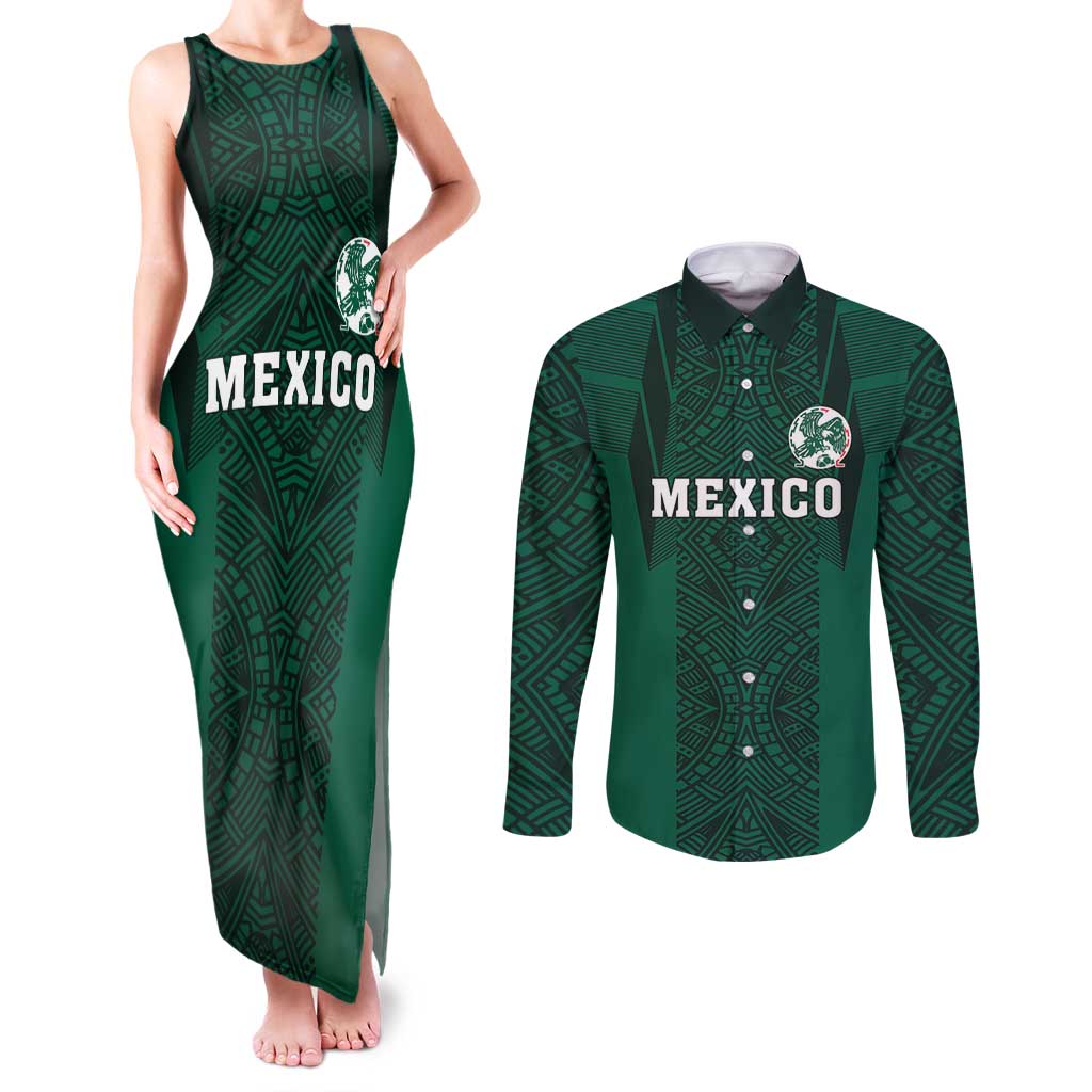 Custom Mexico Football Couples Matching Tank Maxi Dress and Long Sleeve Button Shirt El Tricolor Go Champions Aztec Pattern