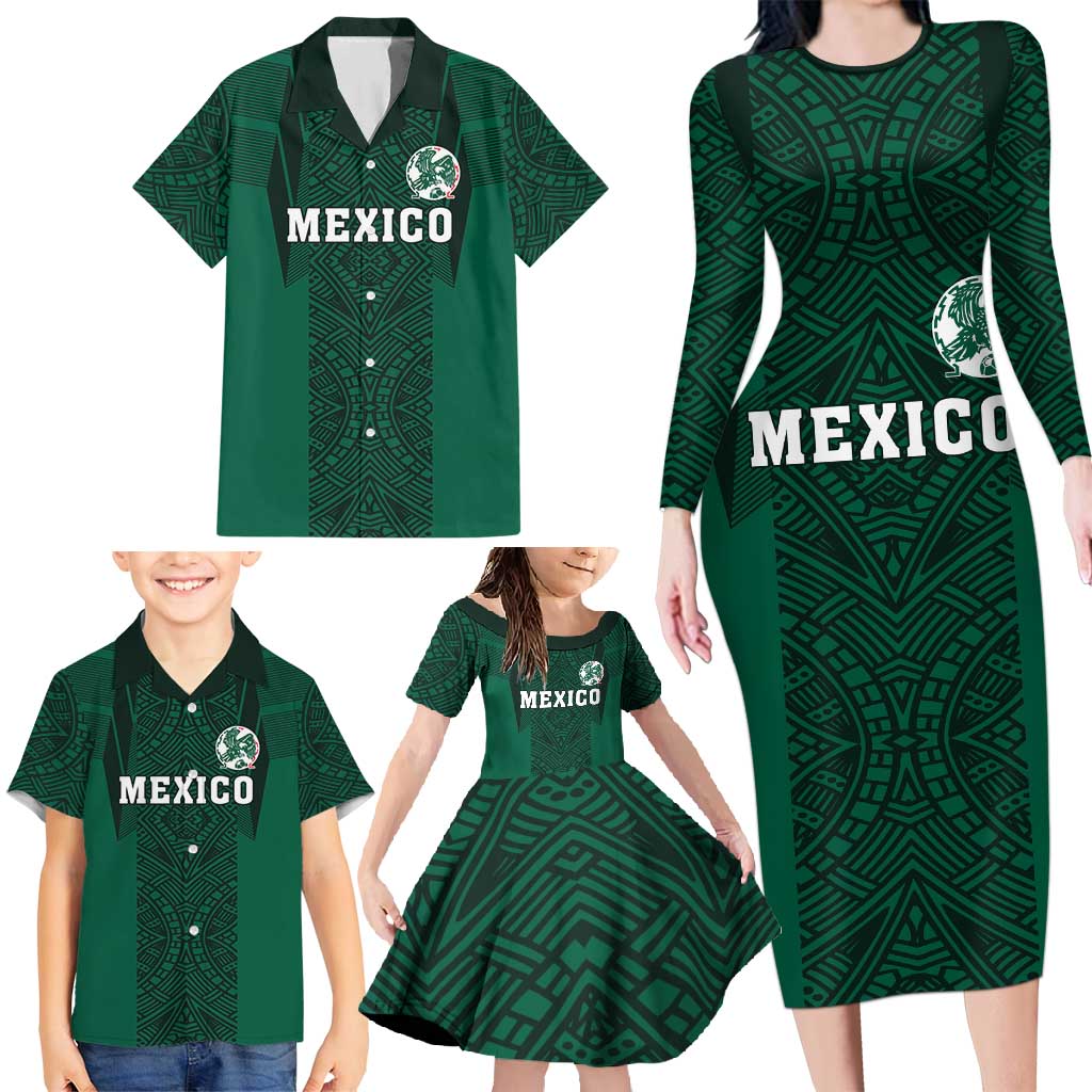 Custom Mexico Football Family Matching Long Sleeve Bodycon Dress and Hawaiian Shirt El Tricolor Go Champions Aztec Pattern
