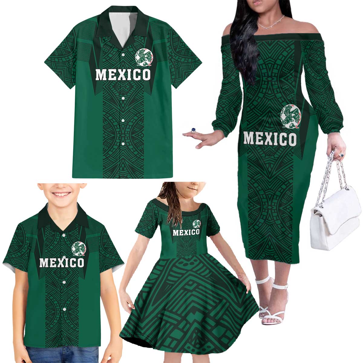 Custom Mexico Football Family Matching Off The Shoulder Long Sleeve Dress and Hawaiian Shirt El Tricolor Go Champions Aztec Pattern