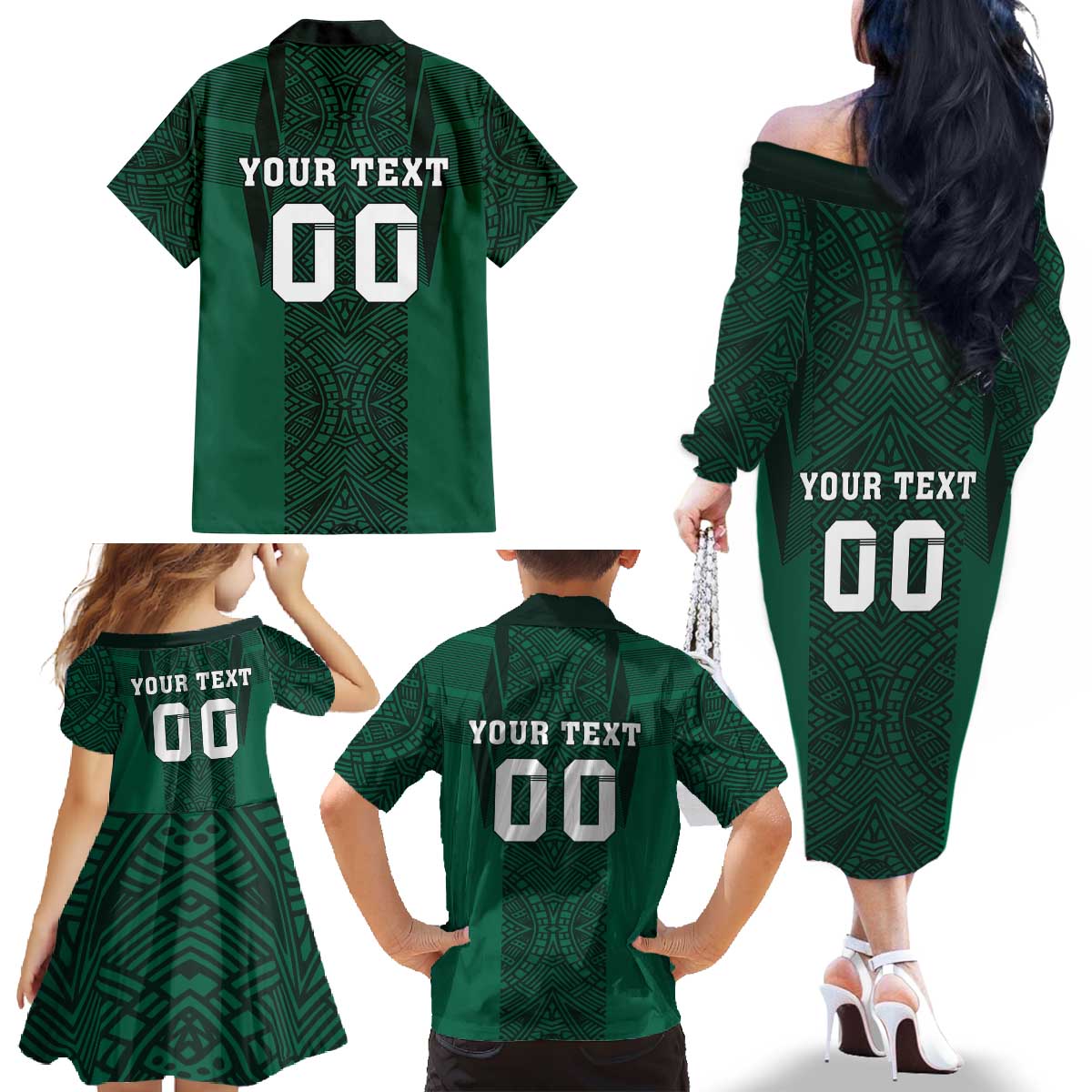 Custom Mexico Football Family Matching Off The Shoulder Long Sleeve Dress and Hawaiian Shirt El Tricolor Go Champions Aztec Pattern