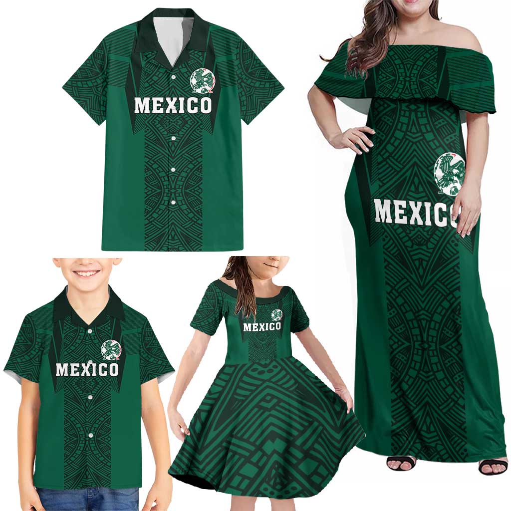 Custom Mexico Football Family Matching Off Shoulder Maxi Dress and Hawaiian Shirt El Tricolor Go Champions Aztec Pattern