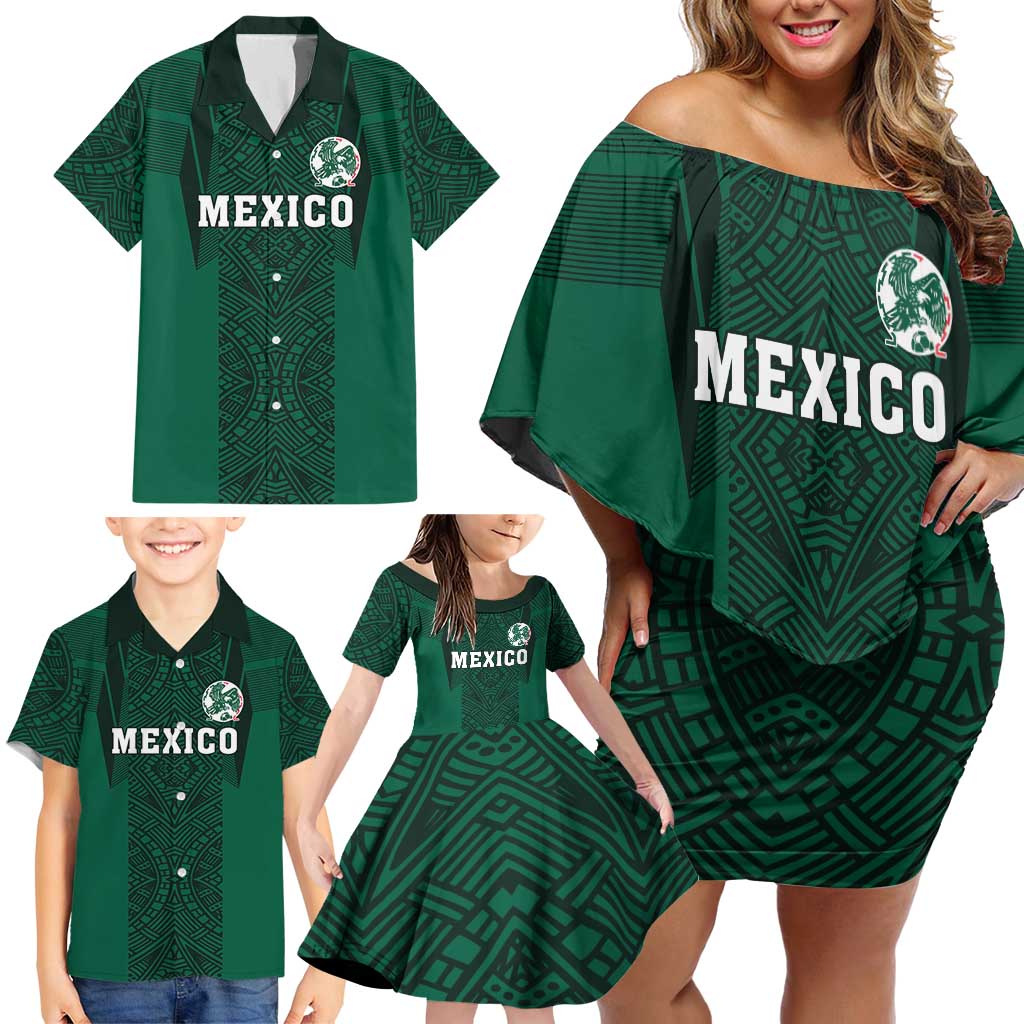 Custom Mexico Football Family Matching Off Shoulder Short Dress and Hawaiian Shirt El Tricolor Go Champions Aztec Pattern