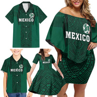 Custom Mexico Football Family Matching Off Shoulder Short Dress and Hawaiian Shirt El Tricolor Go Champions Aztec Pattern