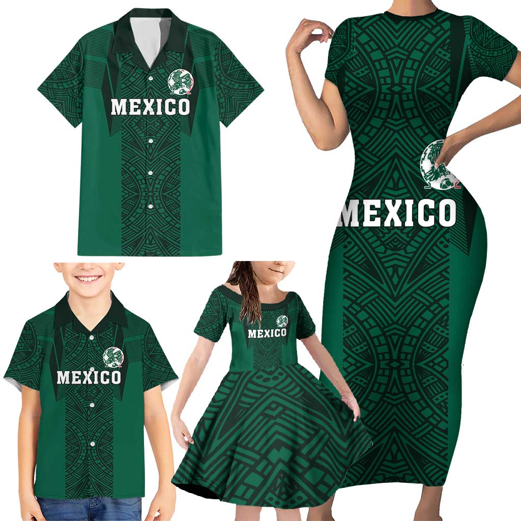 Custom Mexico Football Family Matching Short Sleeve Bodycon Dress and Hawaiian Shirt El Tricolor Go Champions Aztec Pattern