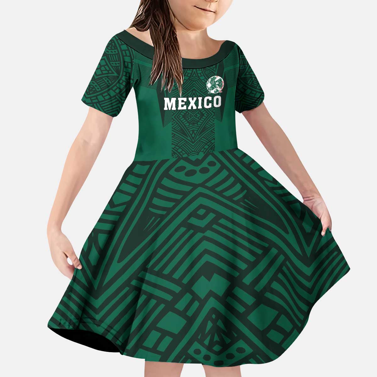 Custom Mexico Football Kid Short Sleeve Dress El Tricolor Go Champions Aztec Pattern