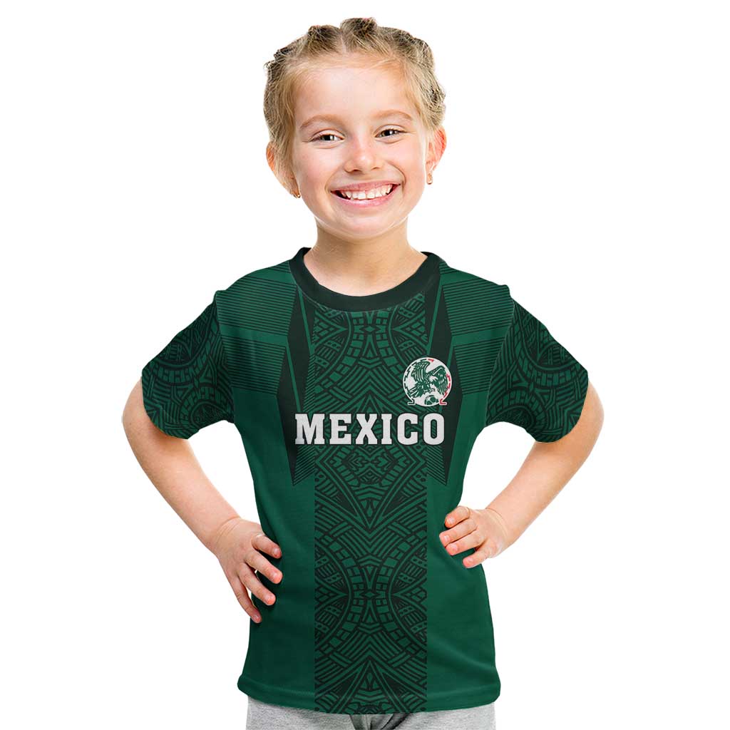 Custom Mexico Football Kid T Shirt El Tricolor Go Champions Aztec Pattern