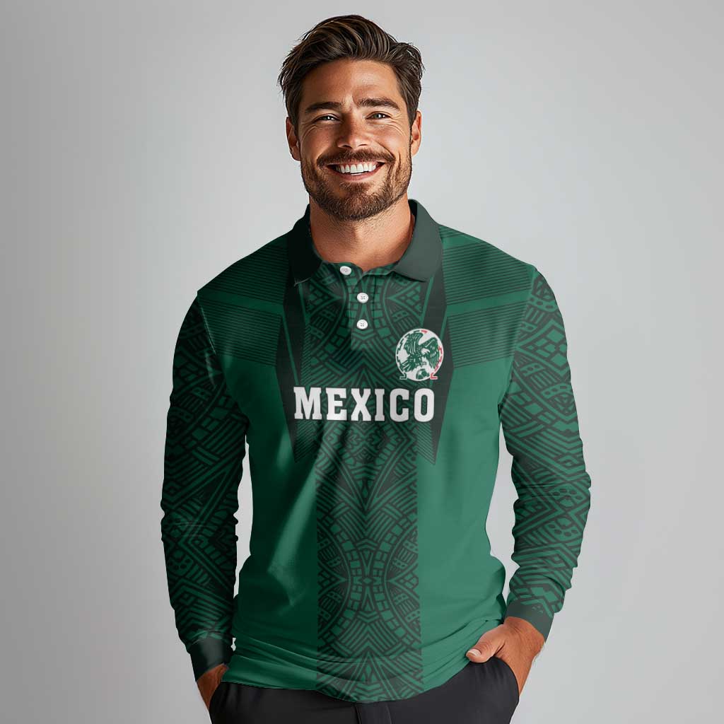 Custom Mexico Football Long Sleeve Polo Shirt El Tricolor Go Champions Aztec Pattern