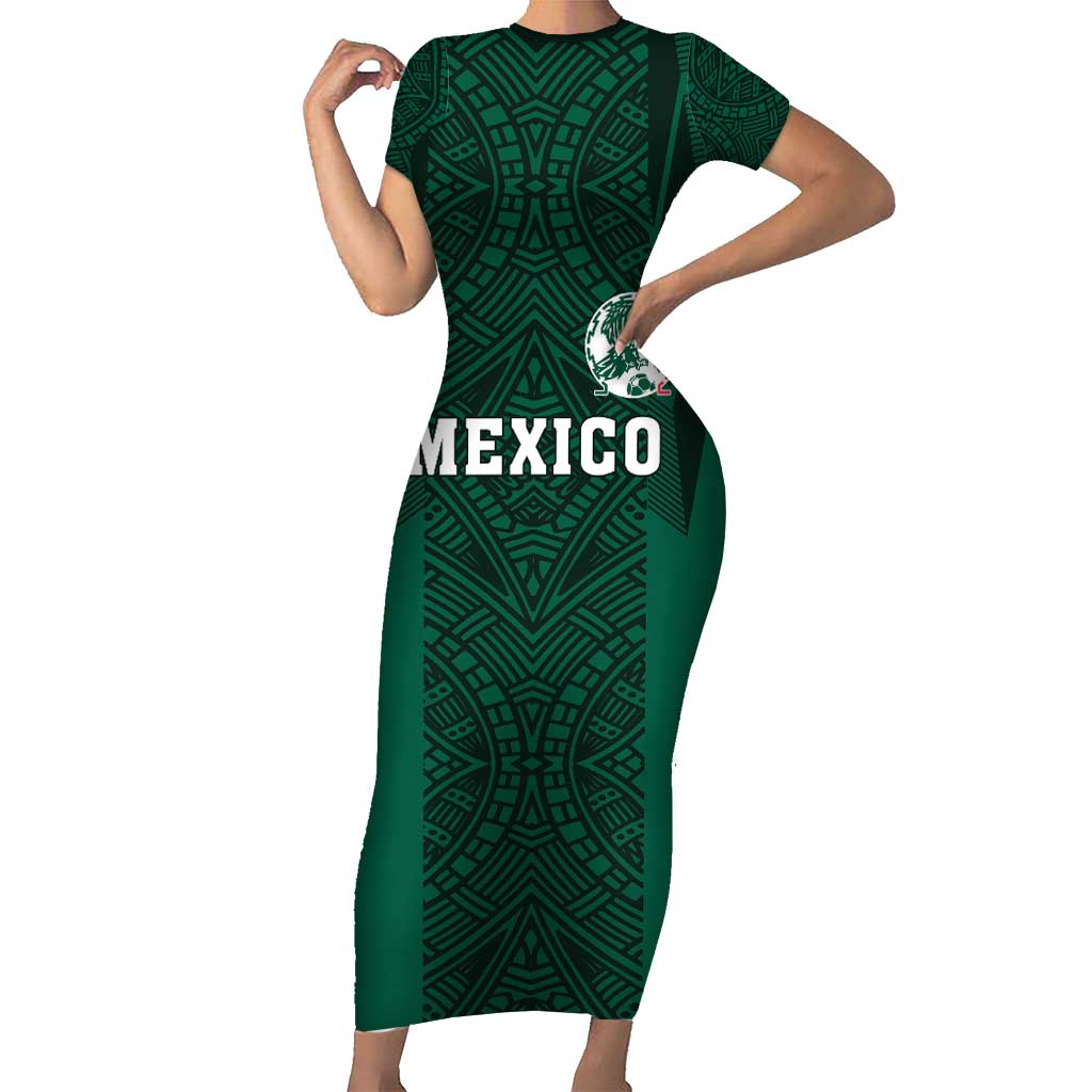 Custom Mexico Football Short Sleeve Bodycon Dress El Tricolor Go Champions Aztec Pattern
