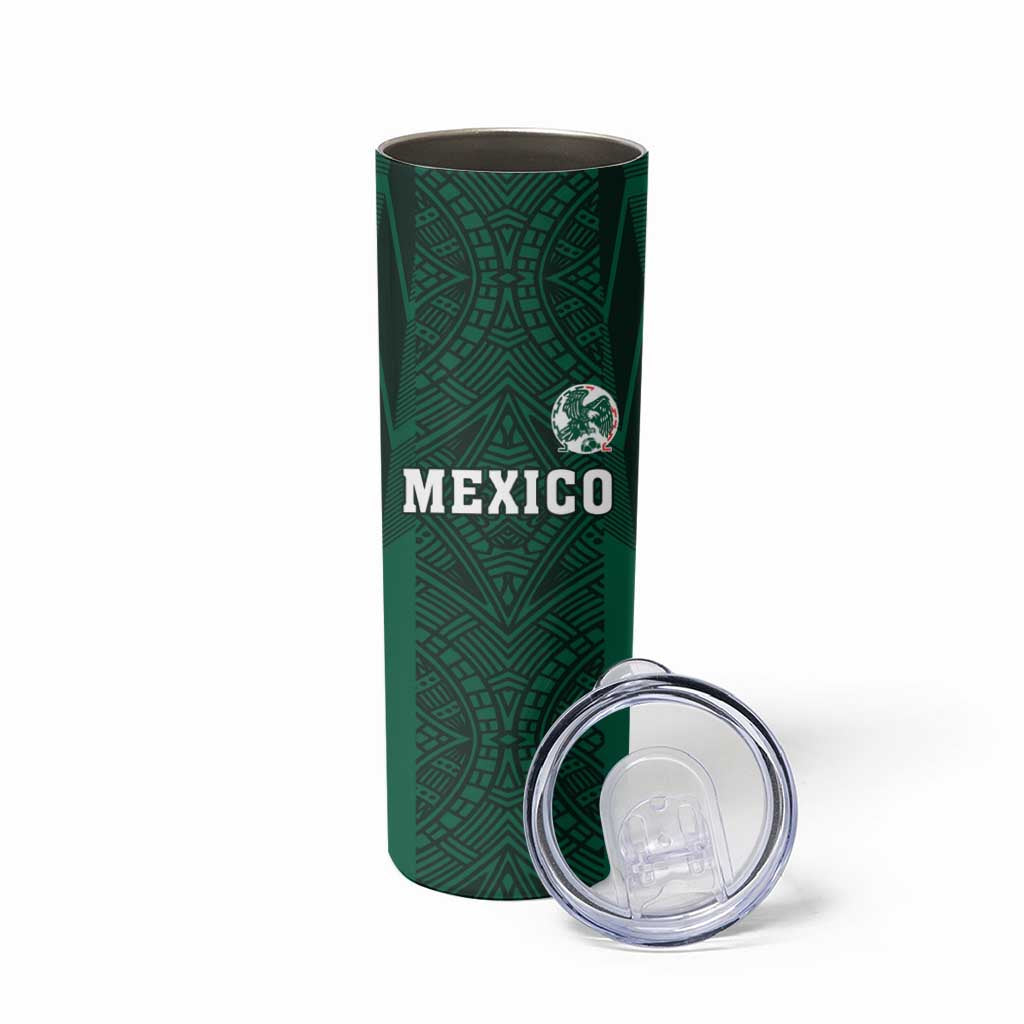 Custom Mexico Football Skinny Tumbler El Tricolor Go Champions Aztec Pattern