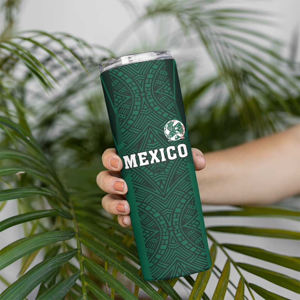 Custom Mexico Football Skinny Tumbler El Tricolor Go Champions Aztec Pattern