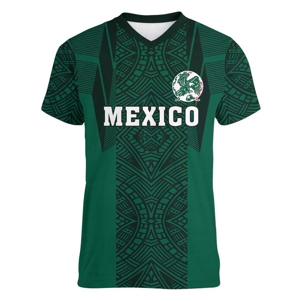Custom Mexico Football Women V-Neck T-Shirt El Tricolor Go Champions Aztec Pattern