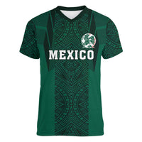 Custom Mexico Football Women V-Neck T-Shirt El Tricolor Go Champions Aztec Pattern