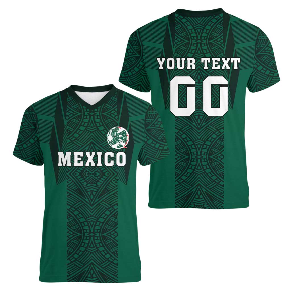 Custom Mexico Football Women V-Neck T-Shirt El Tricolor Go Champions Aztec Pattern