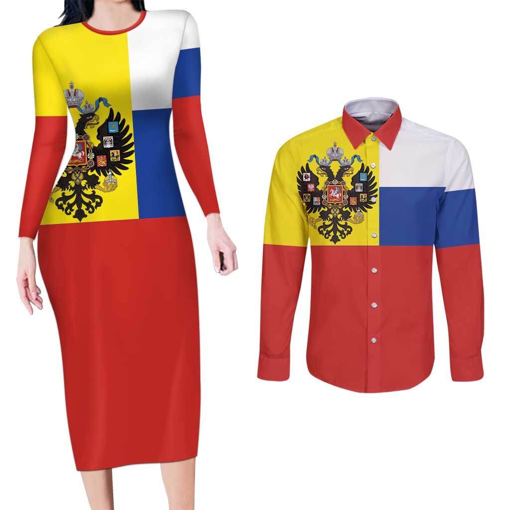 Russian Empire 1721–1917 Couples Matching Long Sleeve Bodycon Dress and Long Sleeve Button Shirt Flag Style