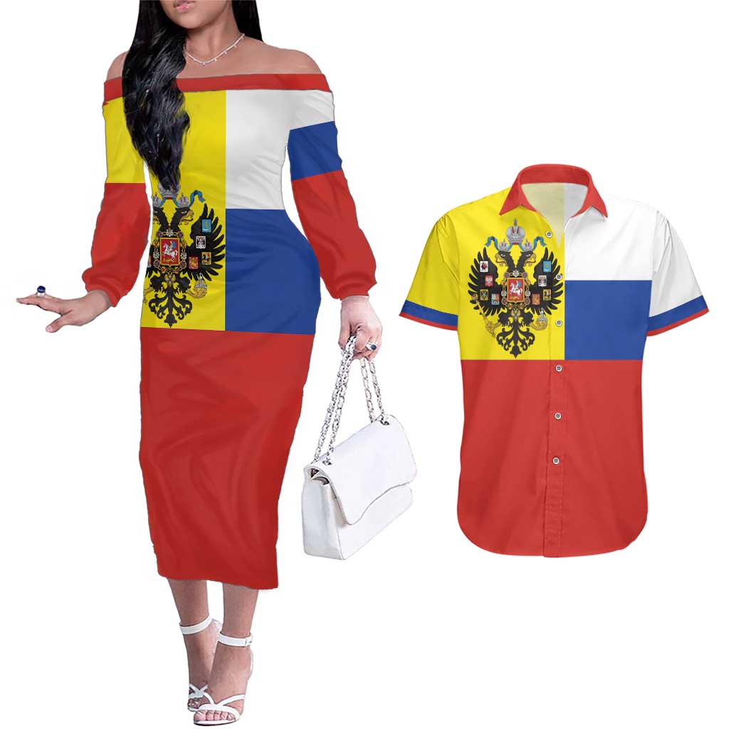 Russian Empire 1721–1917 Couples Matching Off The Shoulder Long Sleeve Dress and Hawaiian Shirt Flag Style