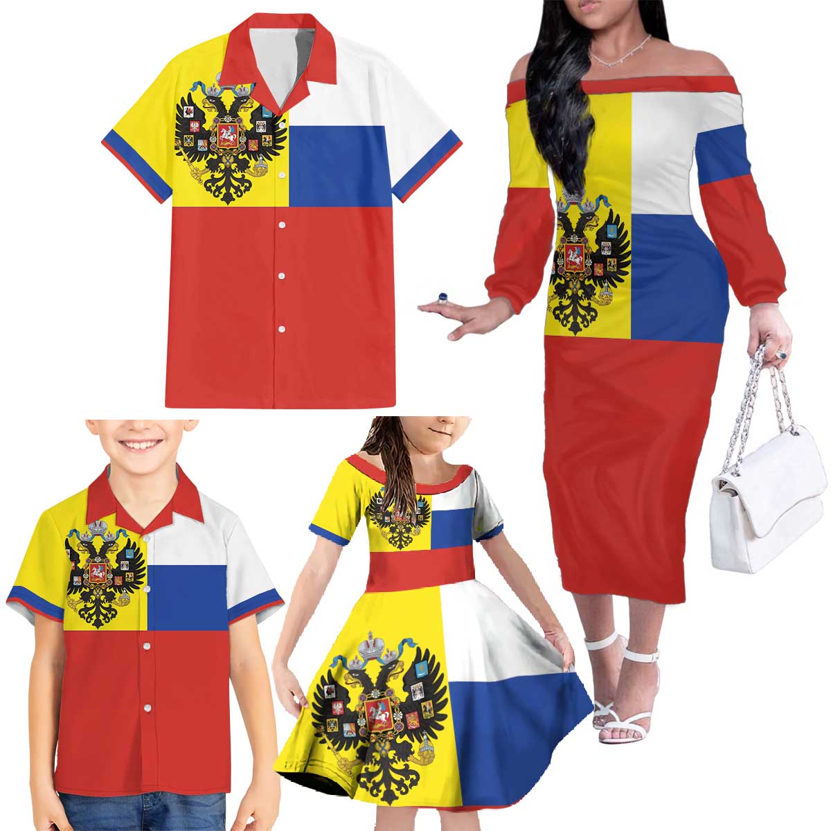Russian Empire 1721–1917 Family Matching Off The Shoulder Long Sleeve Dress and Hawaiian Shirt Flag Style
