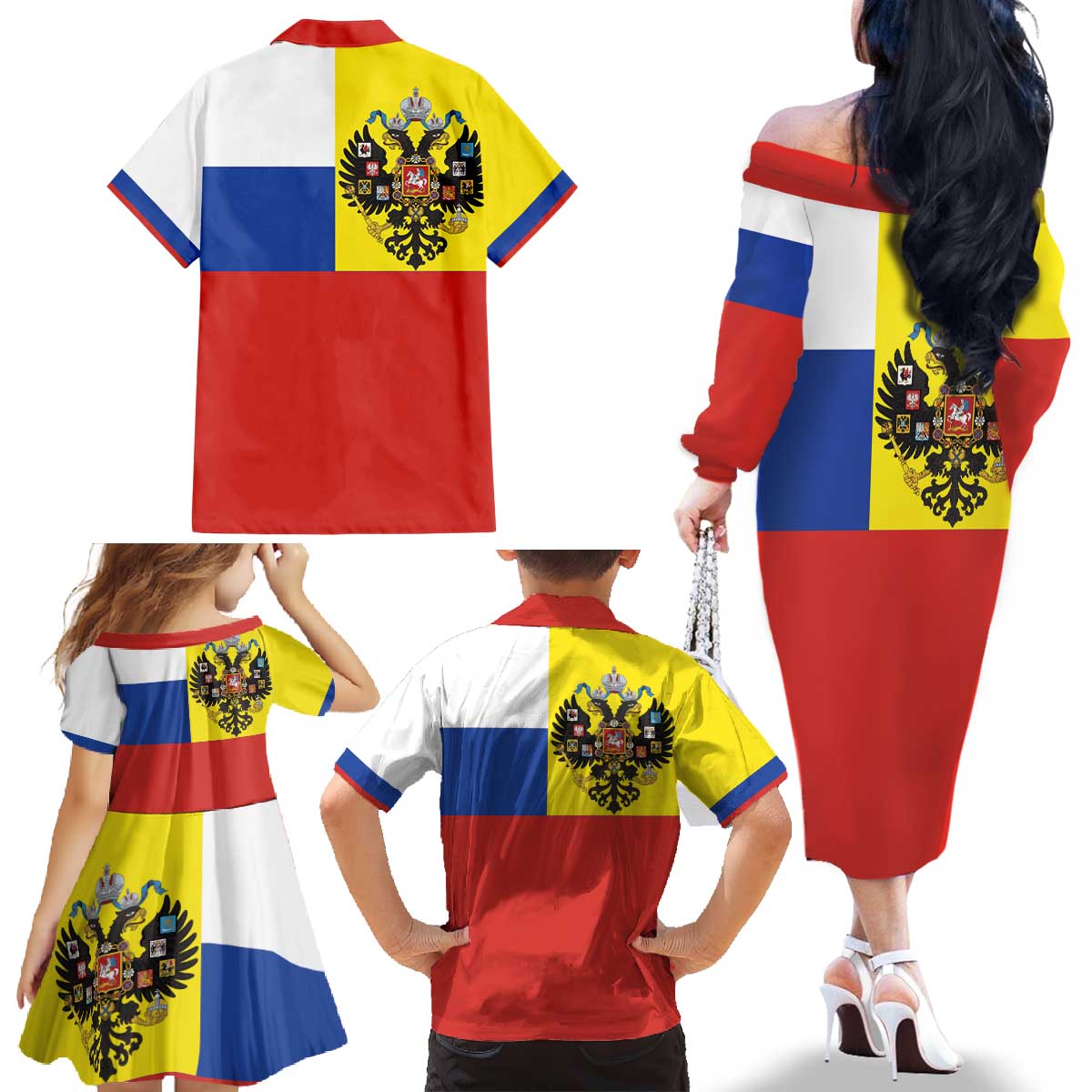 Russian Empire 1721–1917 Family Matching Off The Shoulder Long Sleeve Dress and Hawaiian Shirt Flag Style