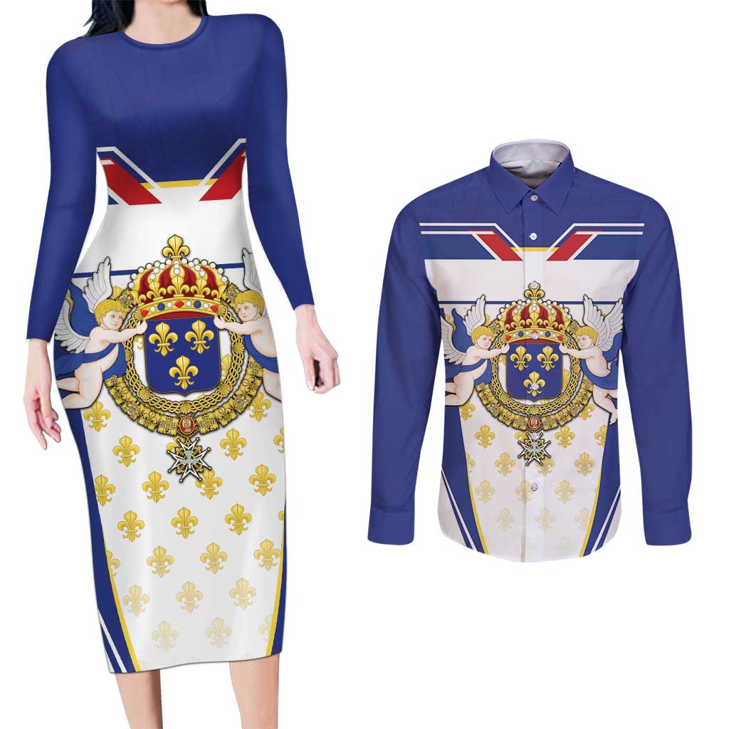 Personalized French Colonial Empire Couples Matching Long Sleeve Bodycon Dress and Long Sleeve Button Shirt Royal Standard of France