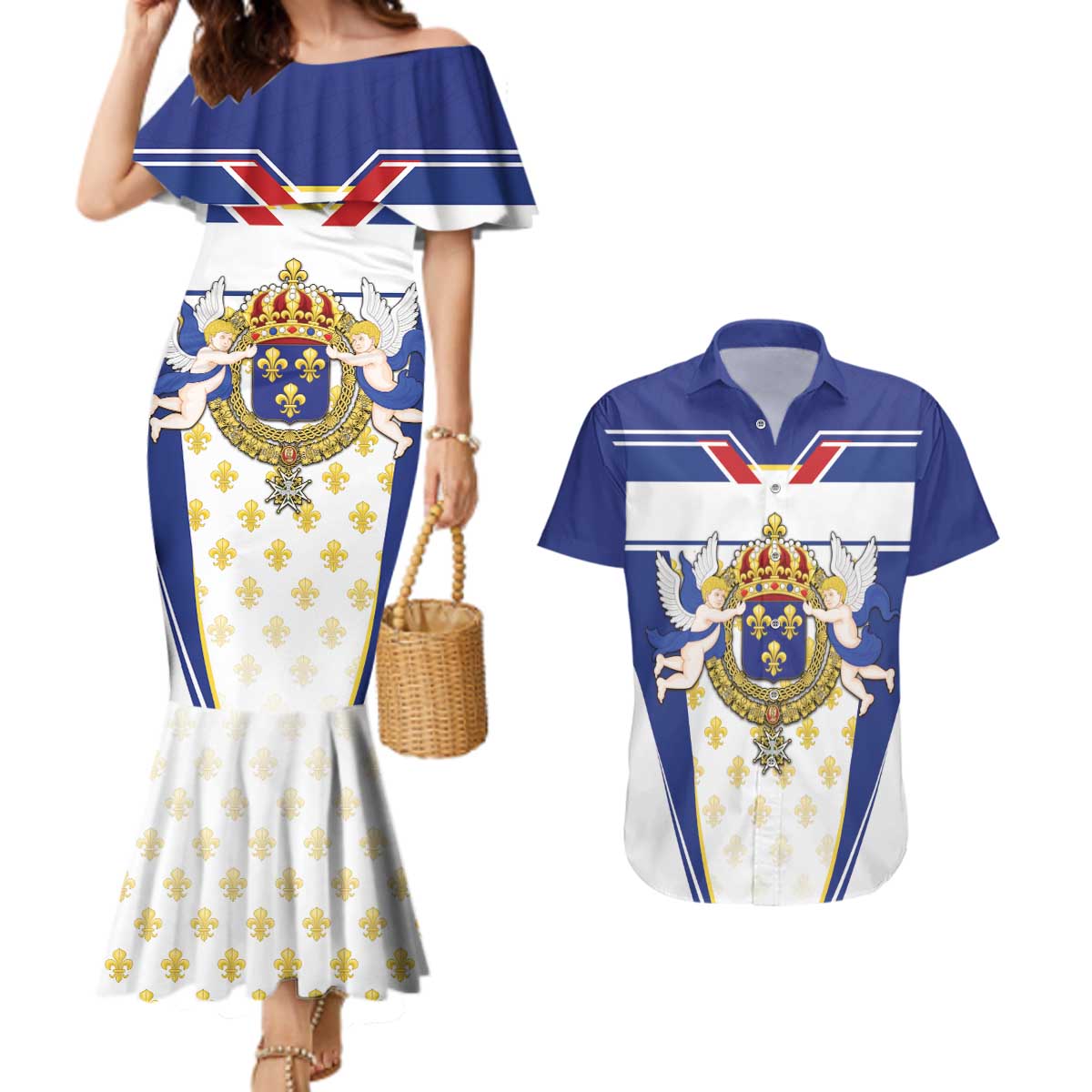 Personalized French Colonial Empire Couples Matching Mermaid Dress and Hawaiian Shirt Royal Standard of France