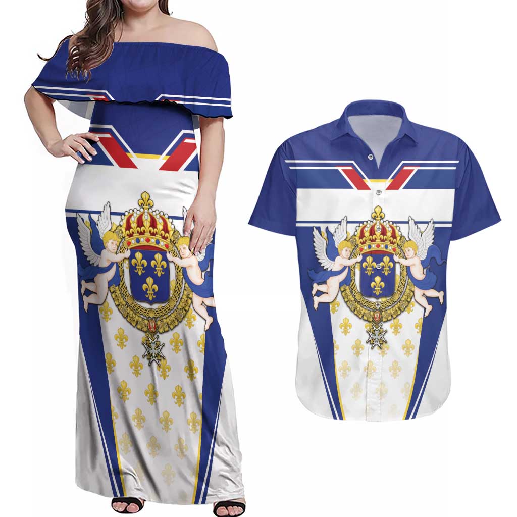 Personalized French Colonial Empire Couples Matching Off Shoulder Maxi Dress and Hawaiian Shirt Royal Standard of France