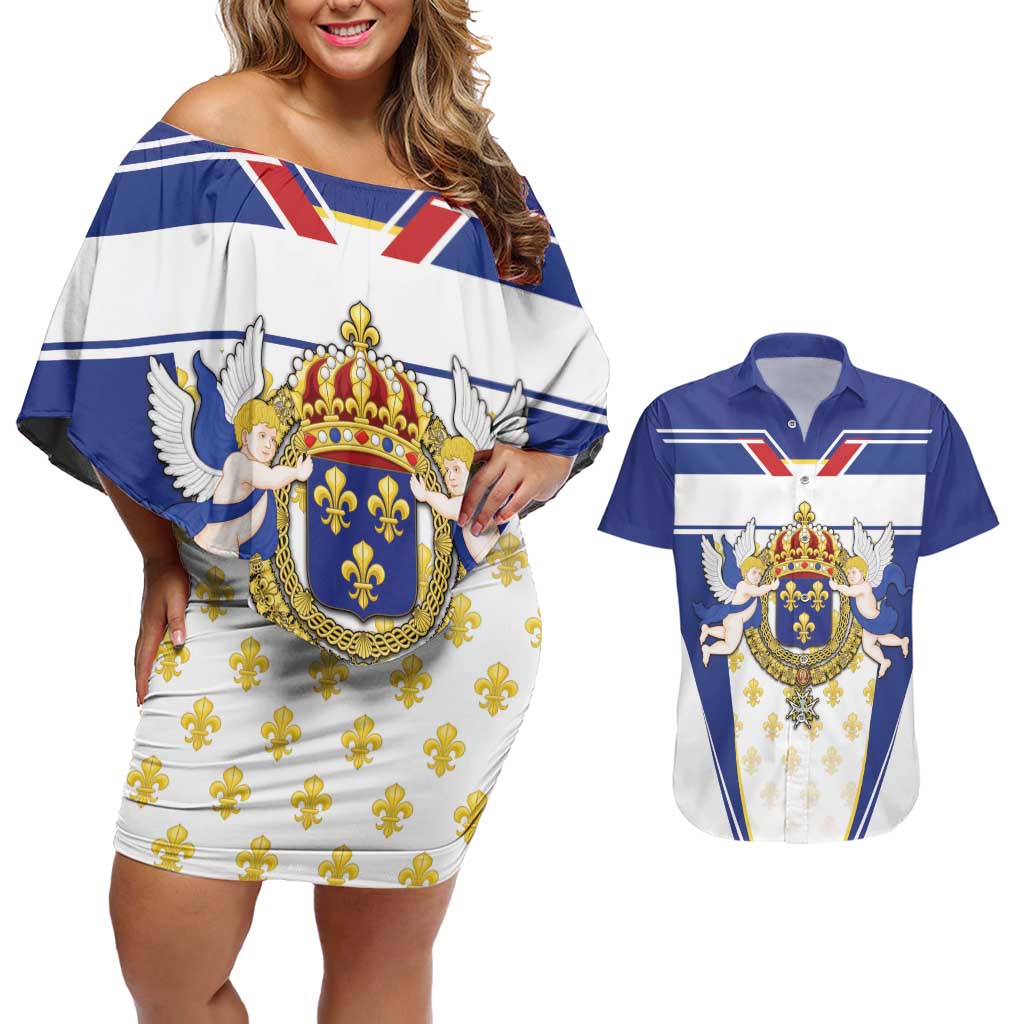 Personalized French Colonial Empire Couples Matching Off Shoulder Short Dress and Hawaiian Shirt Royal Standard of France