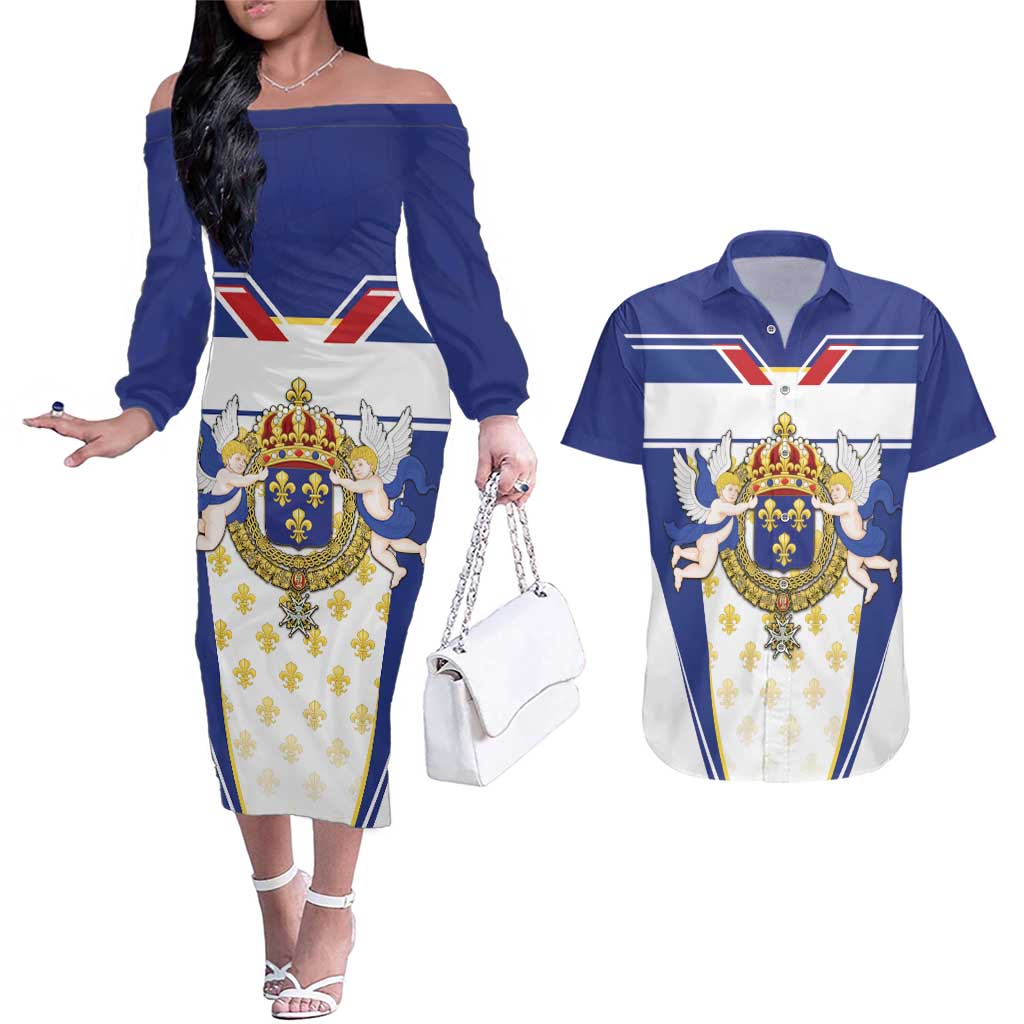 Personalized French Colonial Empire Couples Matching Off The Shoulder Long Sleeve Dress and Hawaiian Shirt Royal Standard of France
