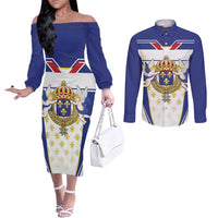 Personalized French Colonial Empire Couples Matching Off The Shoulder Long Sleeve Dress and Long Sleeve Button Shirt Royal Standard of France