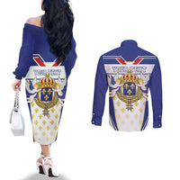 Personalized French Colonial Empire Couples Matching Off The Shoulder Long Sleeve Dress and Long Sleeve Button Shirt Royal Standard of France