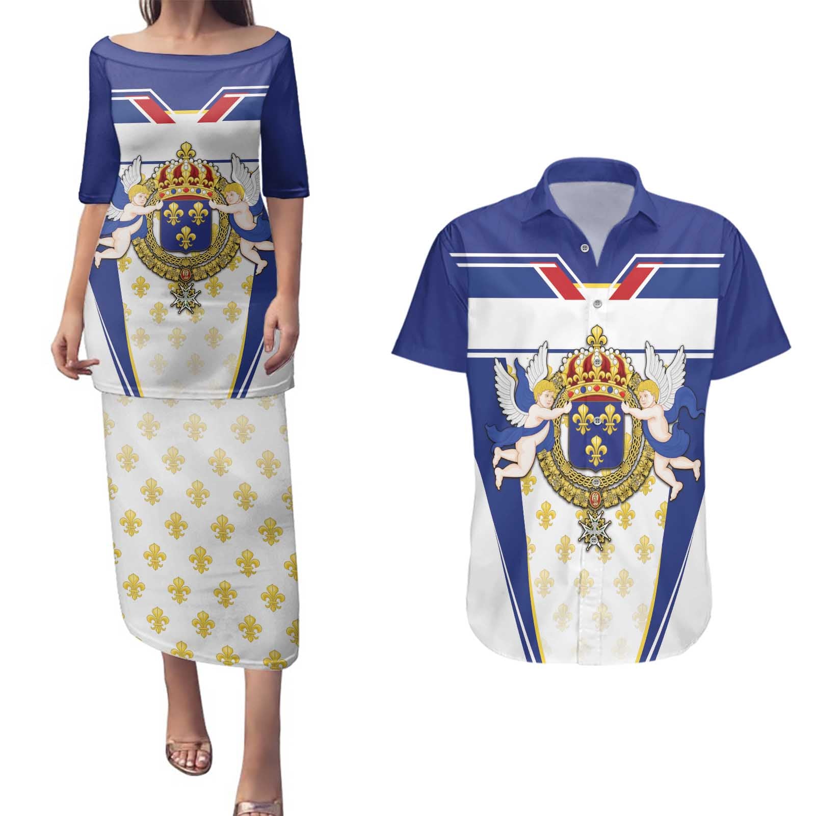 Personalized French Colonial Empire Couples Matching Puletasi and Hawaiian Shirt Royal Standard of France