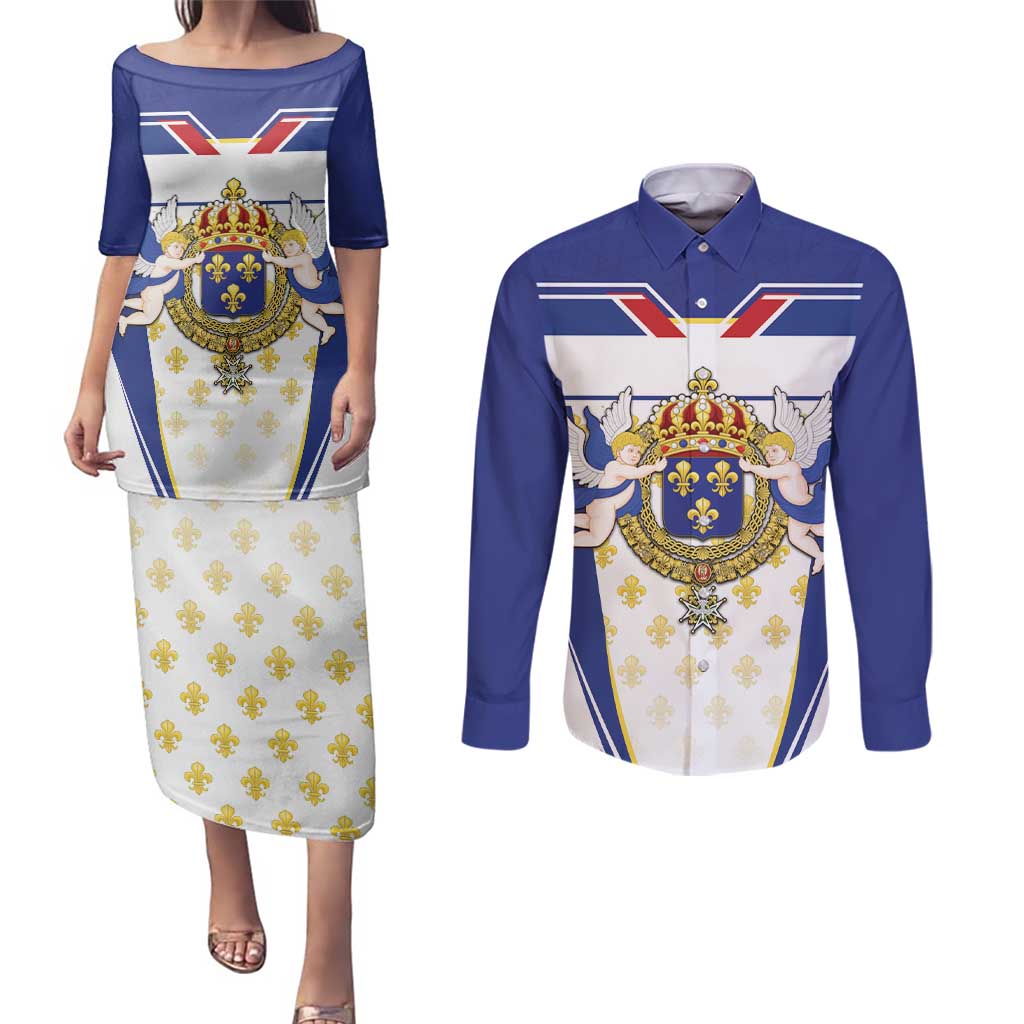 Personalized French Colonial Empire Couples Matching Puletasi and Long Sleeve Button Shirt Royal Standard of France