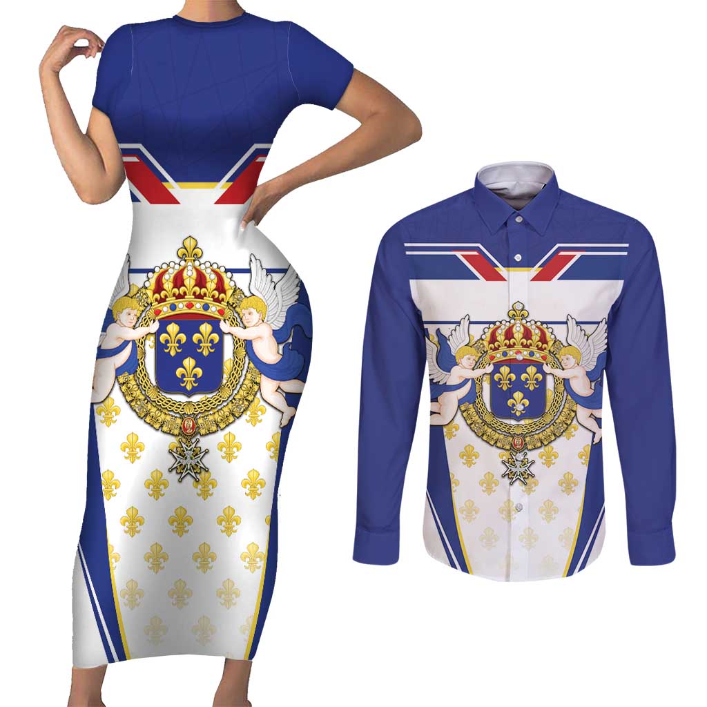 Personalized French Colonial Empire Couples Matching Short Sleeve Bodycon Dress and Long Sleeve Button Shirt Royal Standard of France
