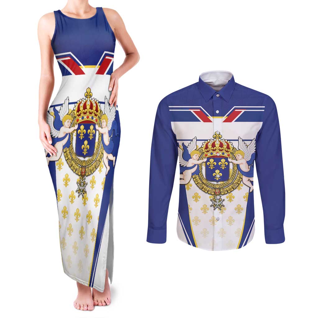 Personalized French Colonial Empire Couples Matching Tank Maxi Dress and Long Sleeve Button Shirt Royal Standard of France