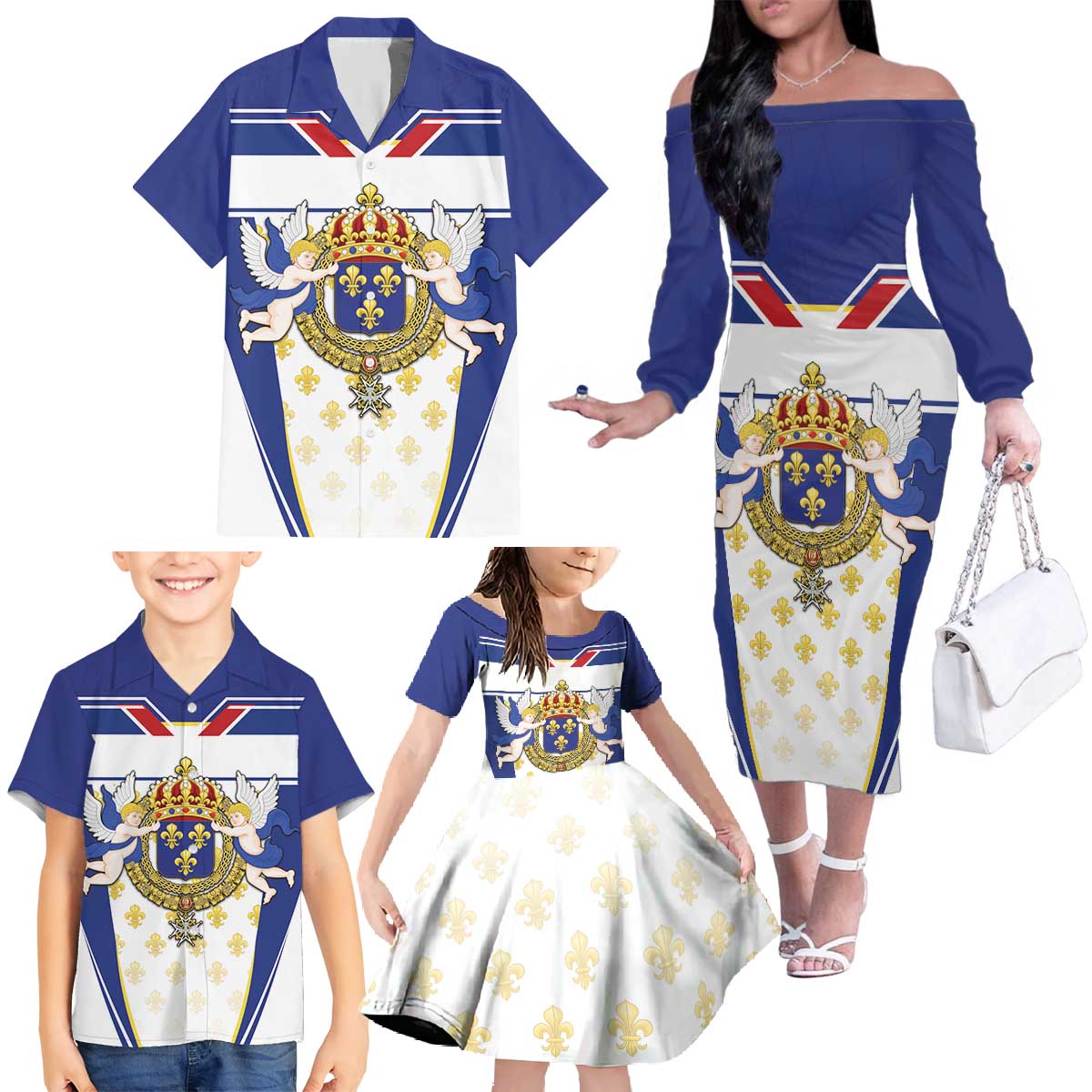 Personalized French Colonial Empire Family Matching Off The Shoulder Long Sleeve Dress and Hawaiian Shirt Royal Standard of France