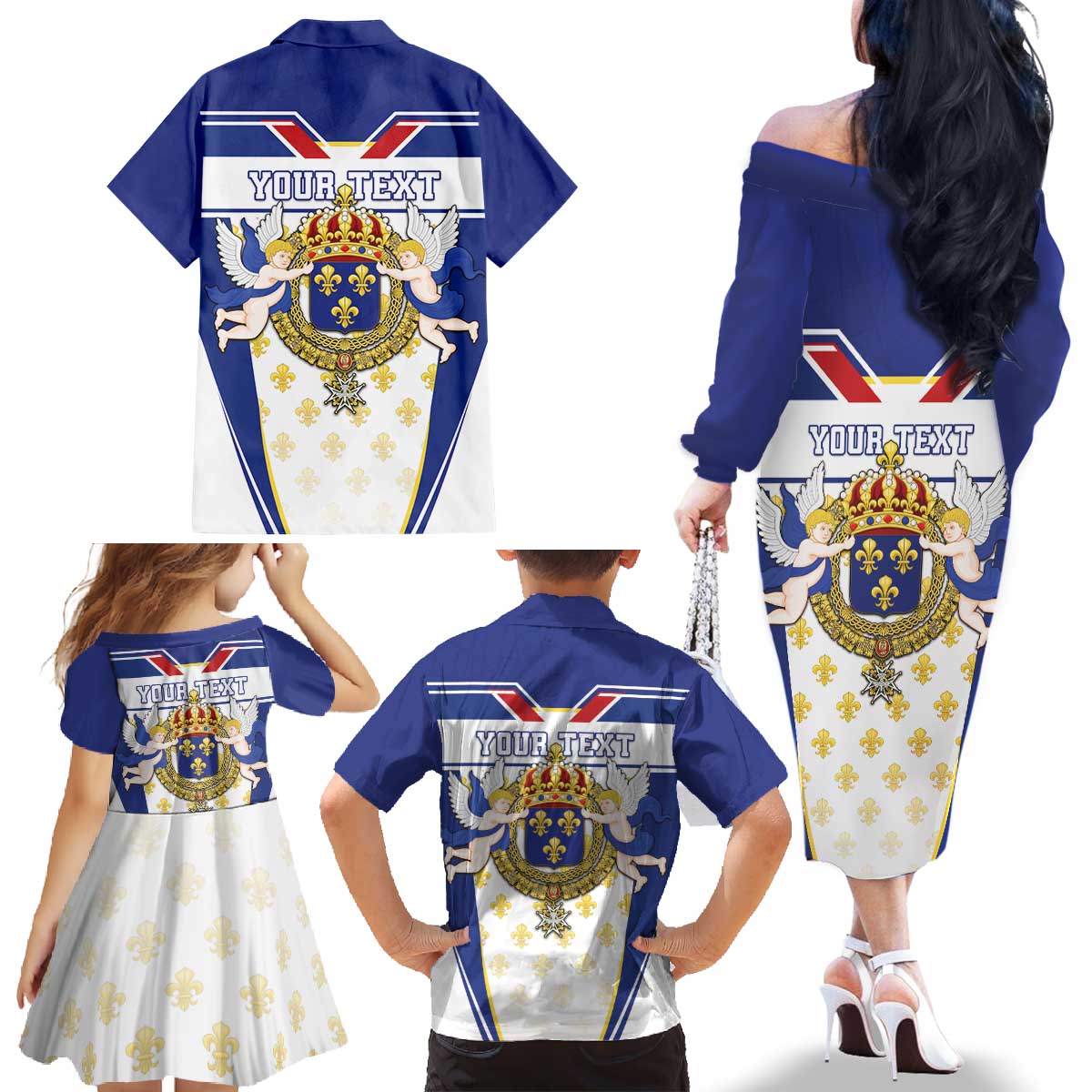Personalized French Colonial Empire Family Matching Off The Shoulder Long Sleeve Dress and Hawaiian Shirt Royal Standard of France